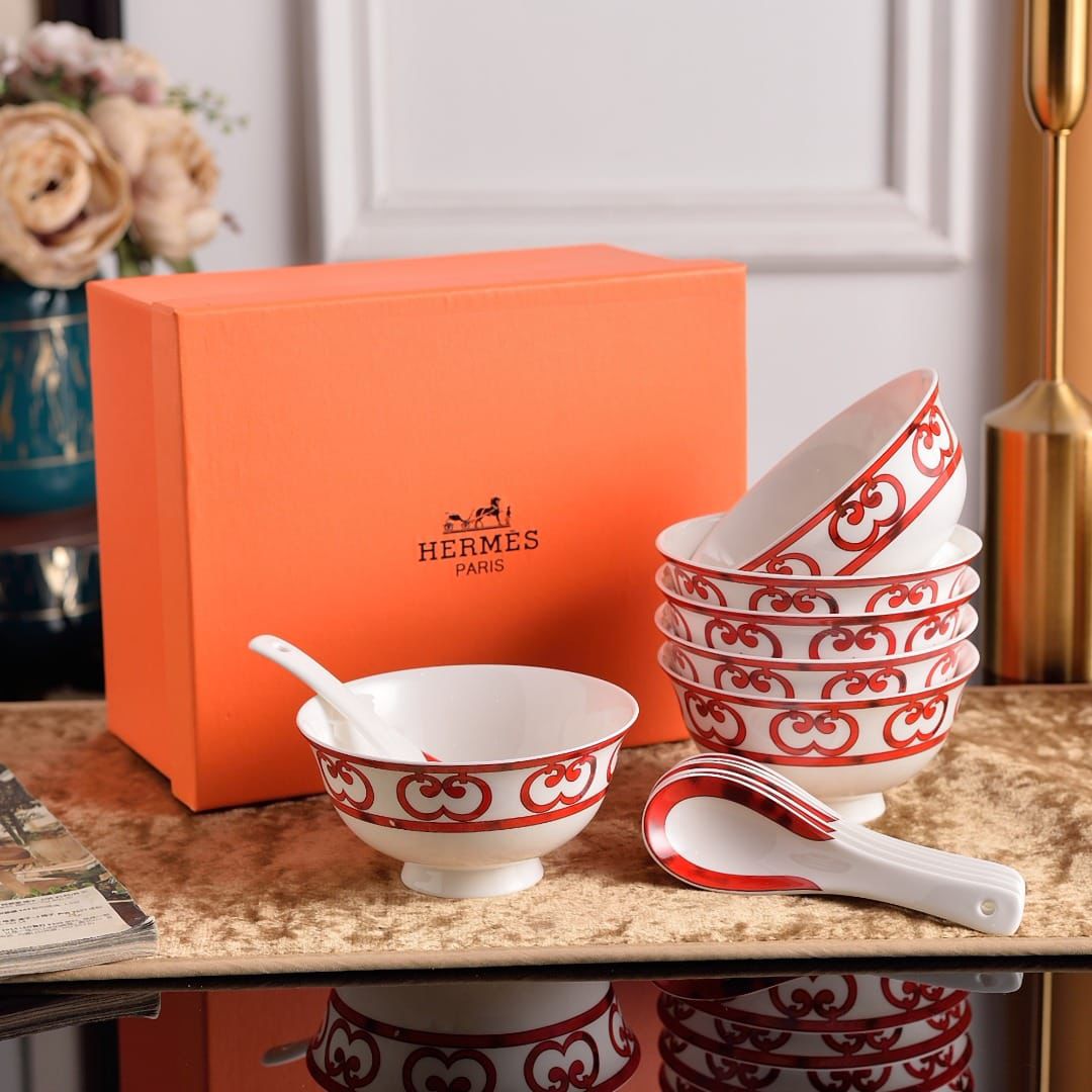 Hermes Red soup set of six bowls with spoons